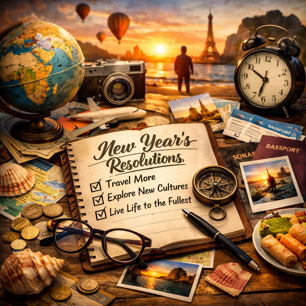 An image depicting a New Years Resolution checklist, an alarm clock, a plate of food, a camera, a globe, some photographs and a sunset. 